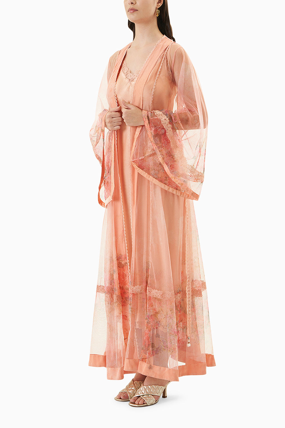 Coral Printed Robe With A Silk Slip