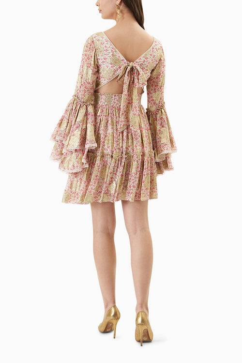 Printed Short Dress with Bell Sleeves