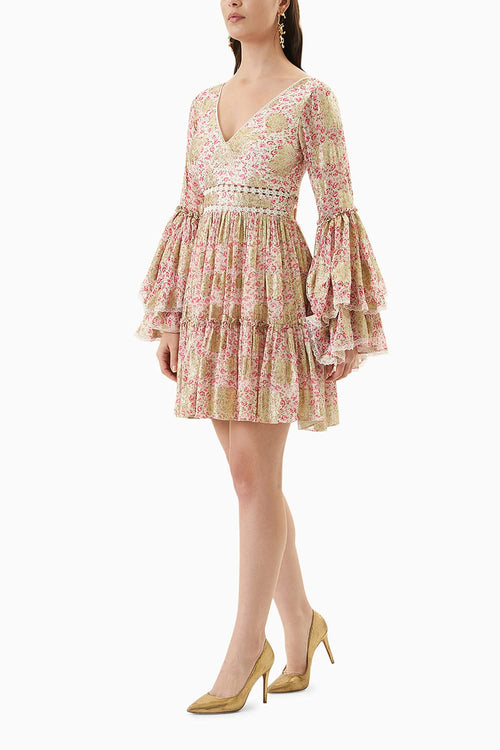 Printed Short Dress with Bell Sleeves