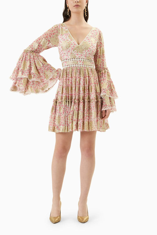 Printed Short Dress with Bell Sleeves