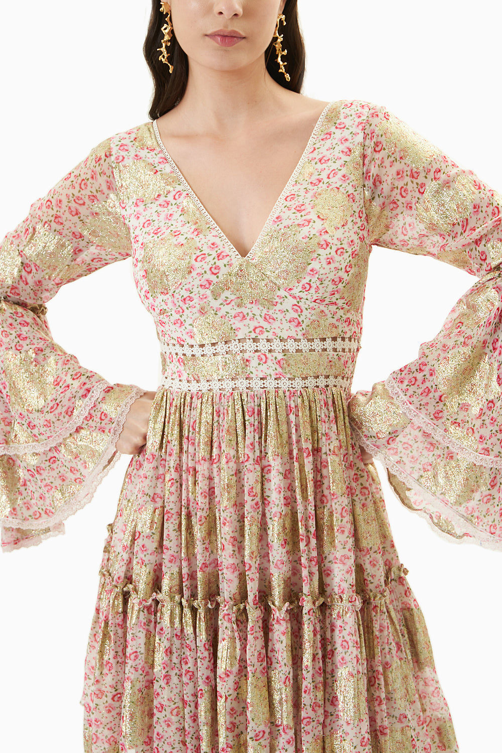 Printed Short Dress With Bell Sleeves