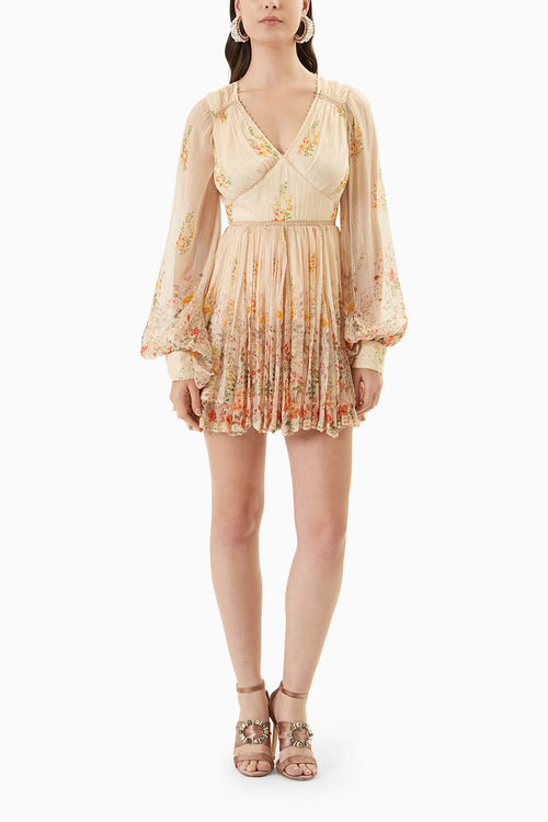 Beige Printed Balloon Sleeve Short Dress