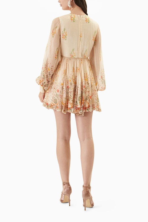 Beige Printed Balloon Sleeve Short Dress