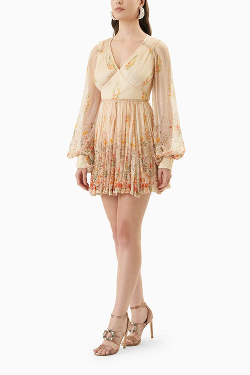 Beige Printed Balloon Sleeve Short Dress