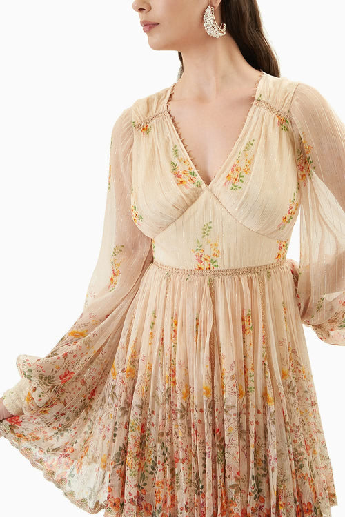 Beige Printed Balloon Sleeve Short Dress