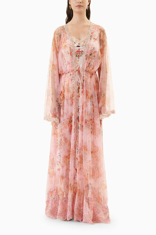 Pink Printed Net Robe with Silk Slip