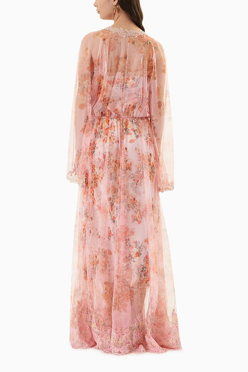Pink Printed Net Robe with Silk Slip