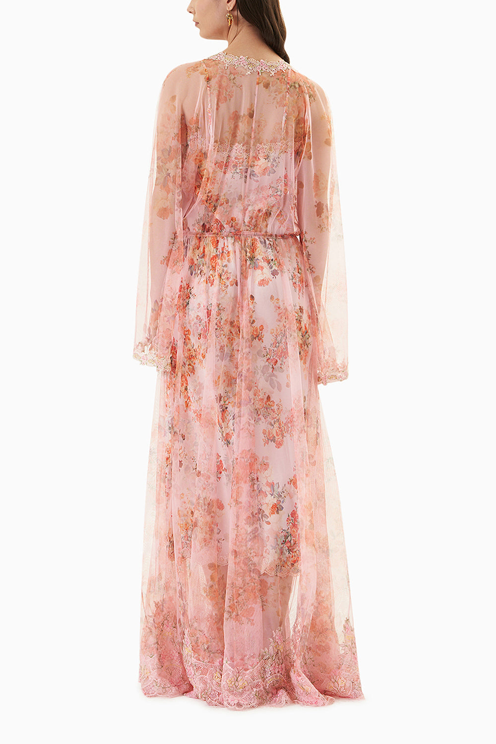 Pink Printed Net Robe With A Silk Slip
