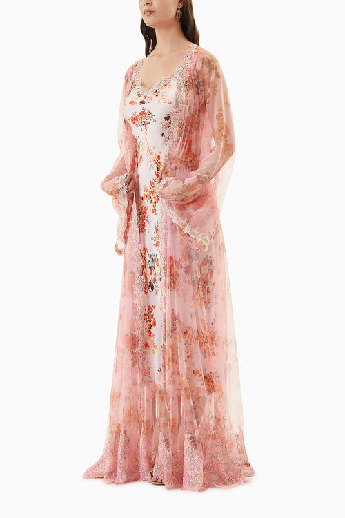 Pink Printed Net Robe with Silk Slip