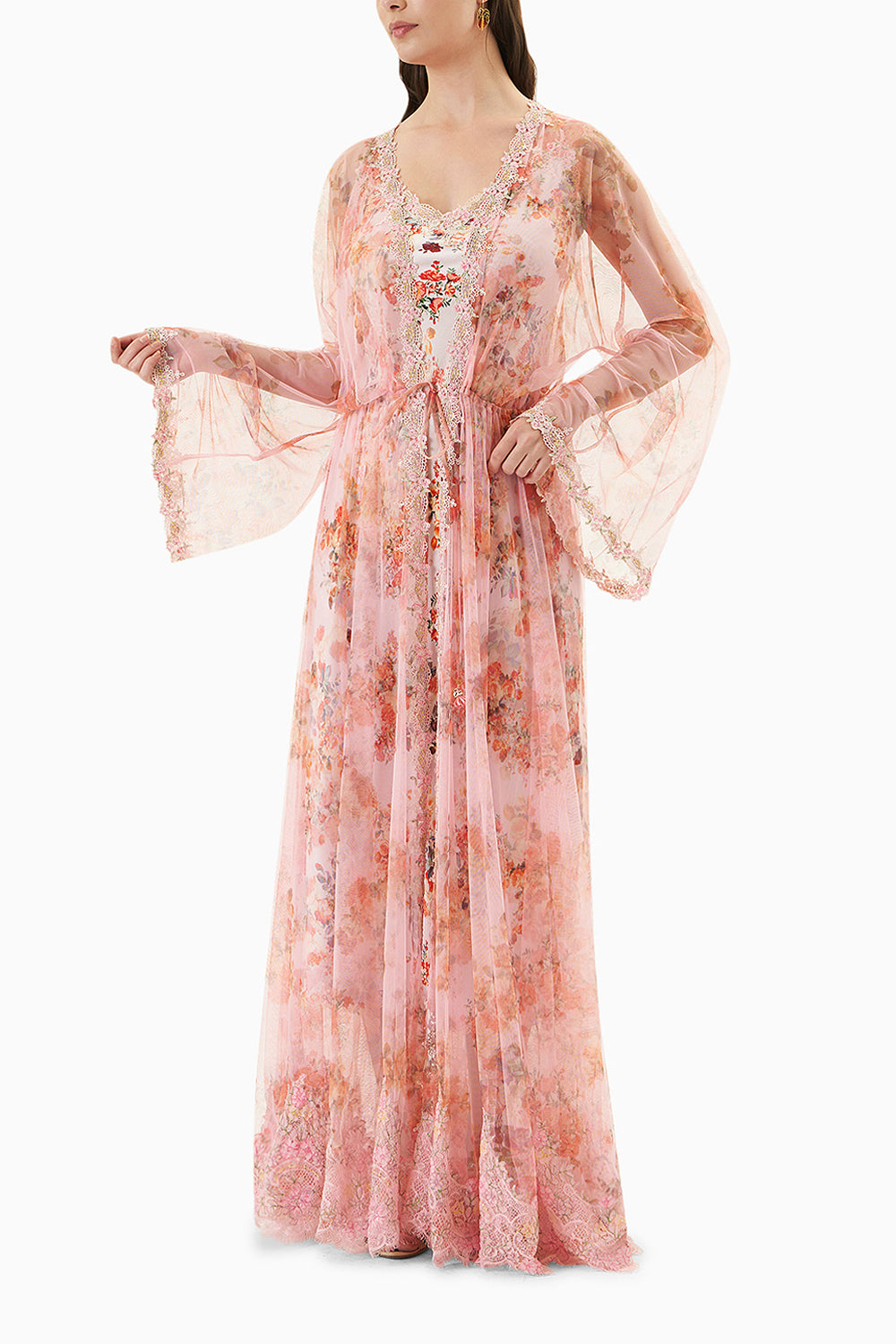 Pink Printed Net Robe with Silk Slip