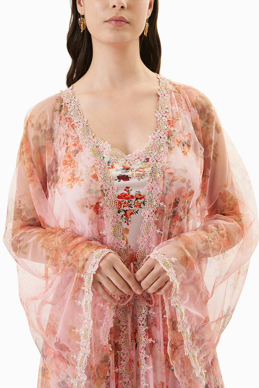 Pink Printed Net Robe With A Silk Slip
