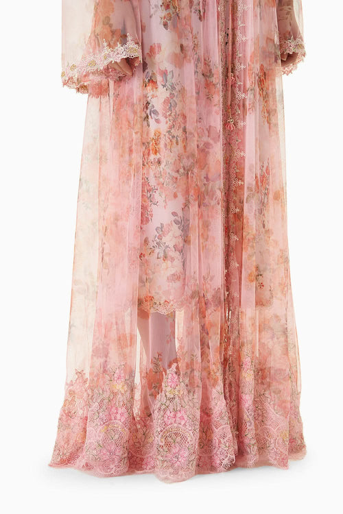 Pink Printed Net Robe with Silk Slip
