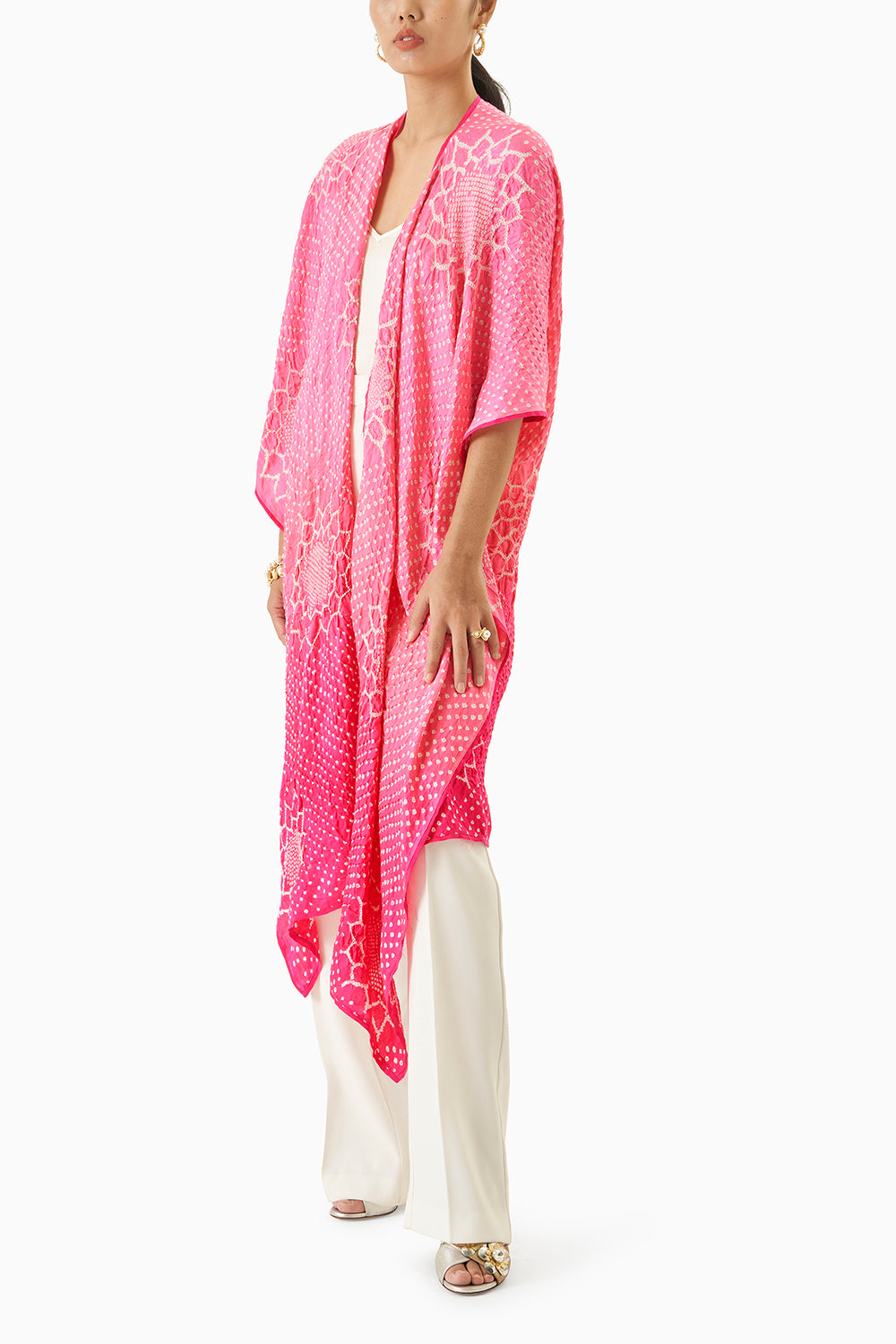 Pink Bandhani Overlay with Lapels