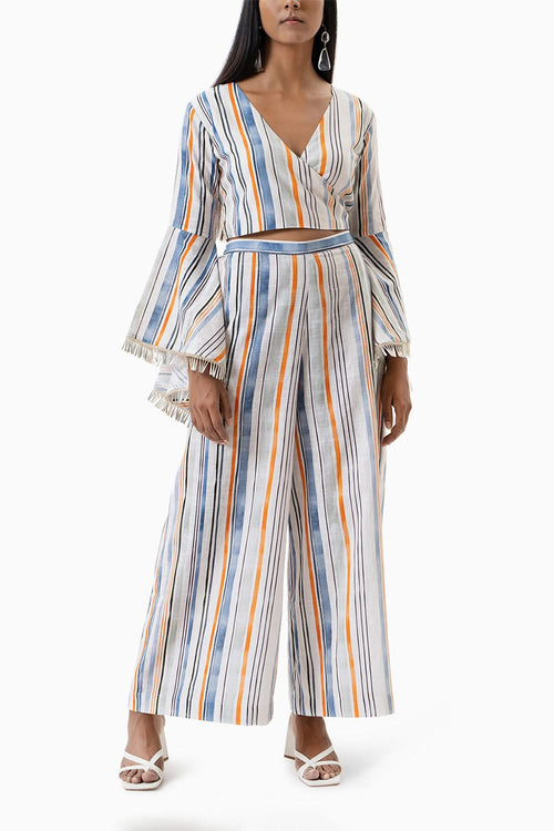 White and Blue Printed Stripes Co-ord Set