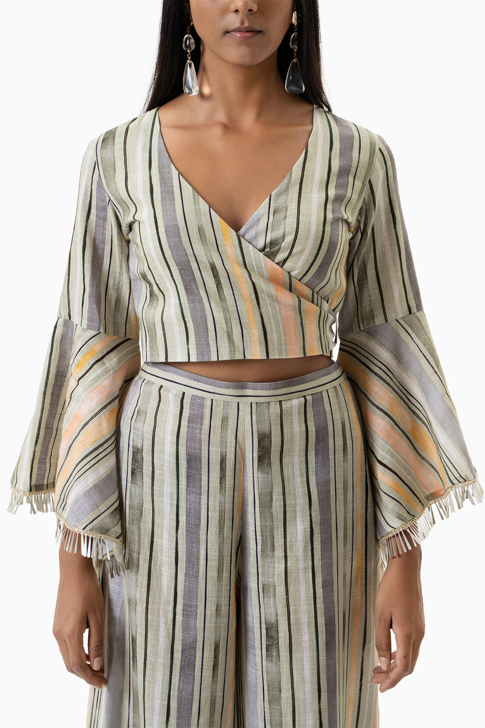 Green and grey printed stripes co-ord set