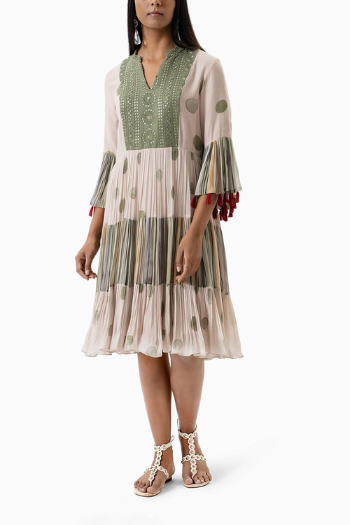 Olive Polka Dot and Striped Printed Dress