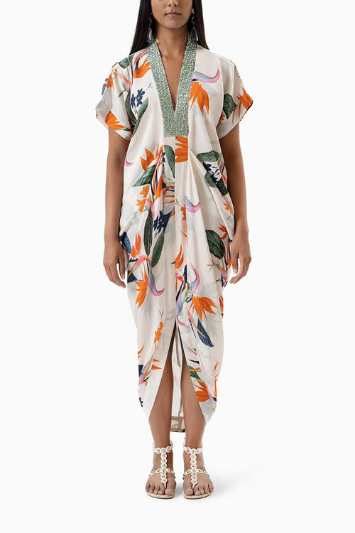 Tropical Floral Printed Cowl Dress