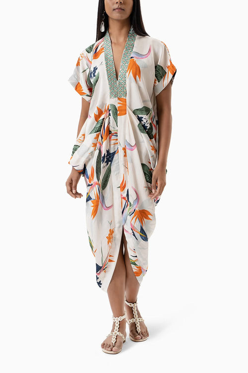 Tropical Floral Printed Cowl Dress