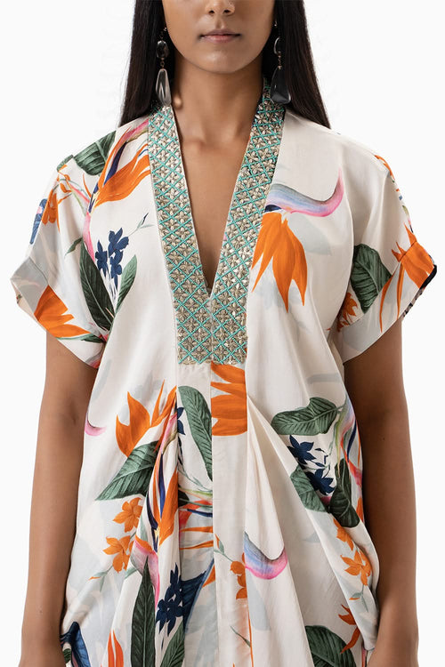 Tropical Floral Printed Cowl Dress