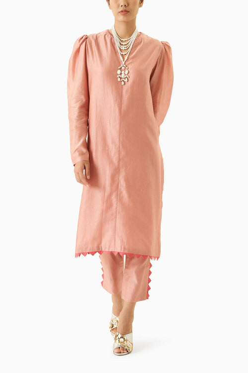 Pink Straight Long Kurta With Pants