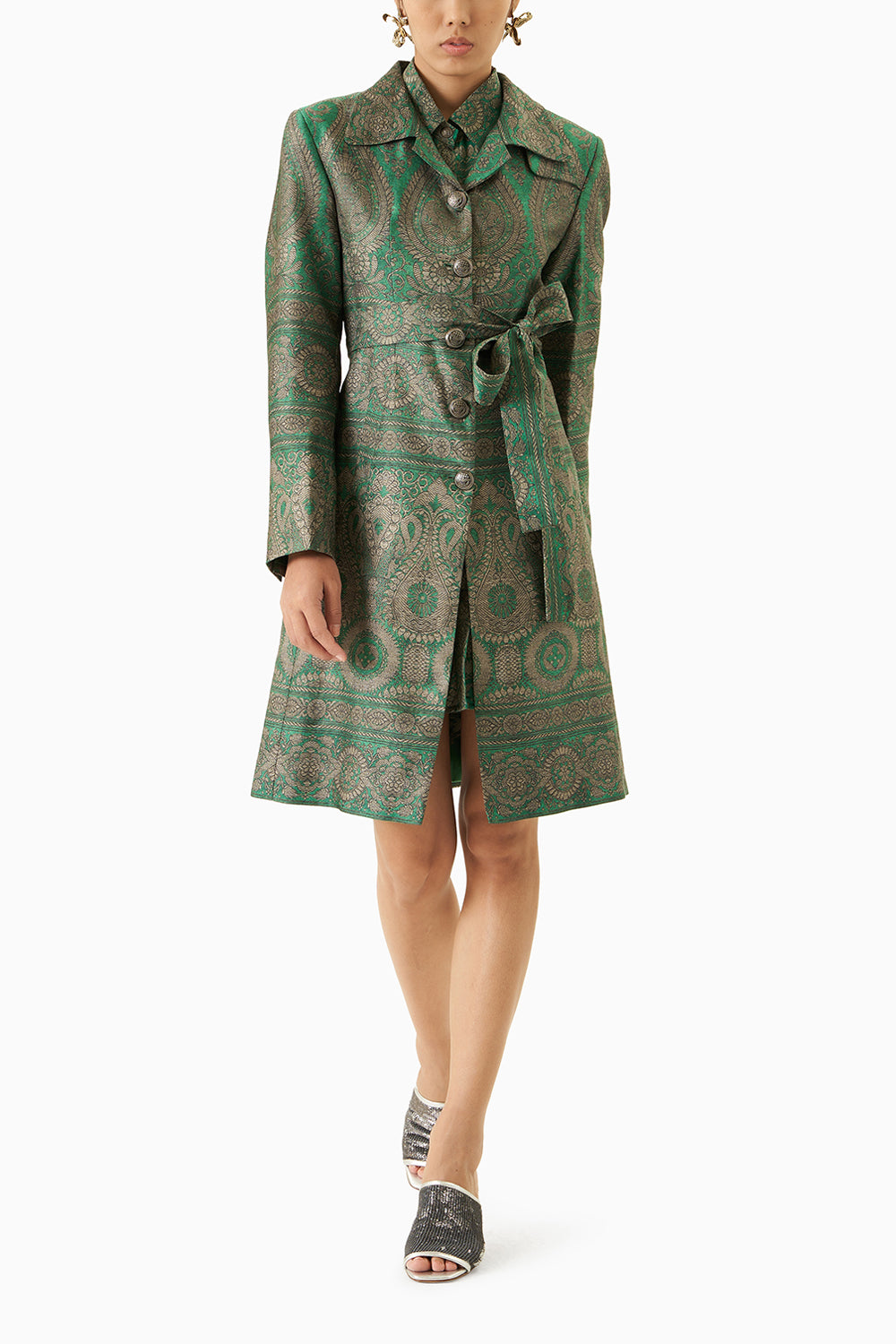 Green Printed Trench Coat