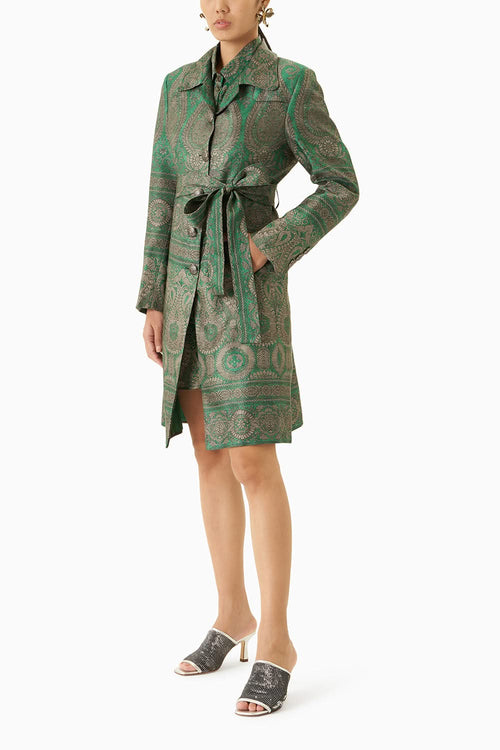 Green Printed Trench Coat