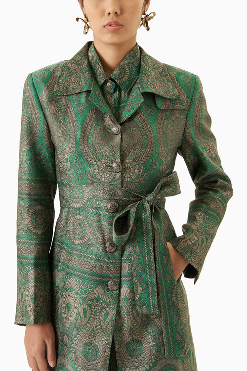 Green Printed Trench Coat