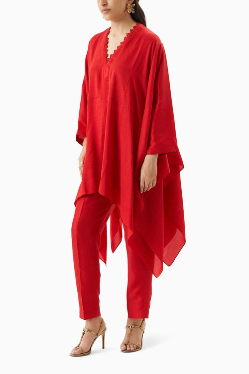 Red Solid Silk Co-Ord Set