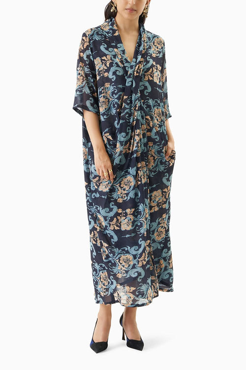 Printed Cowl Pleated Dress
