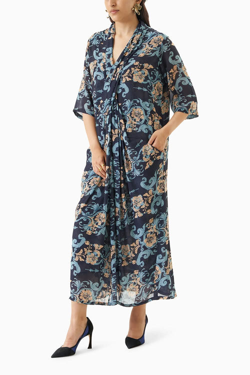 Printed Cowl Pleated Dress