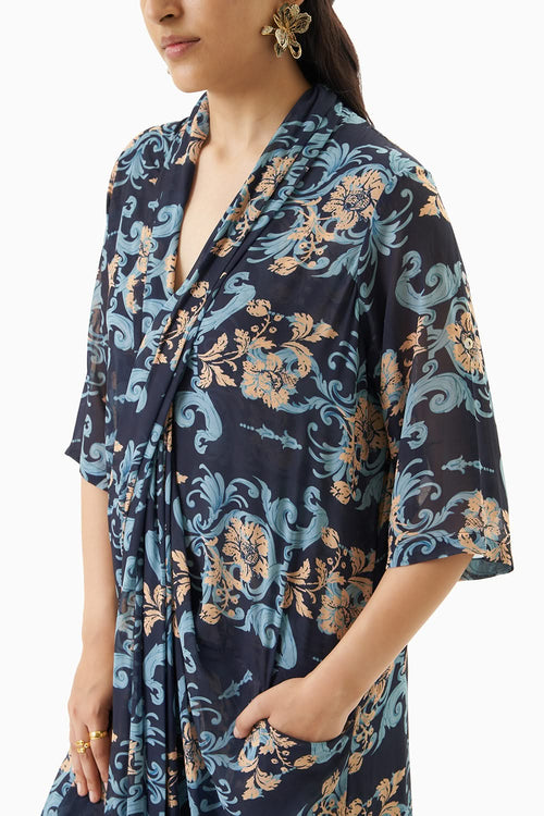 Printed Cowl Pleated Dress