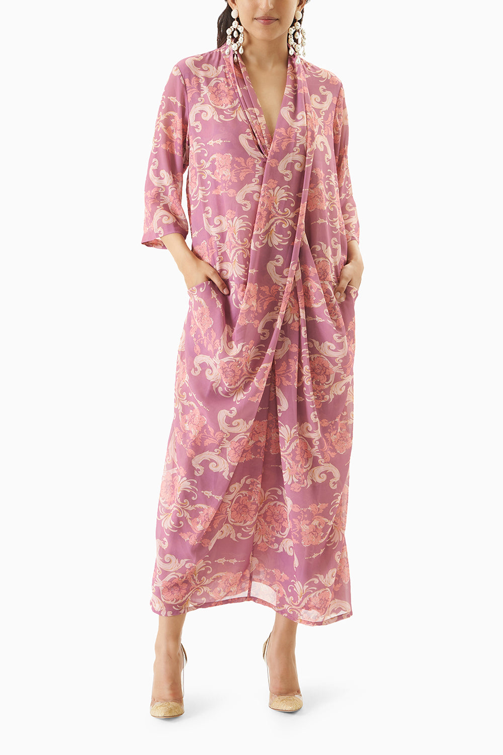 Multicoloured Printed Cowl Pleated Kaftan Dress