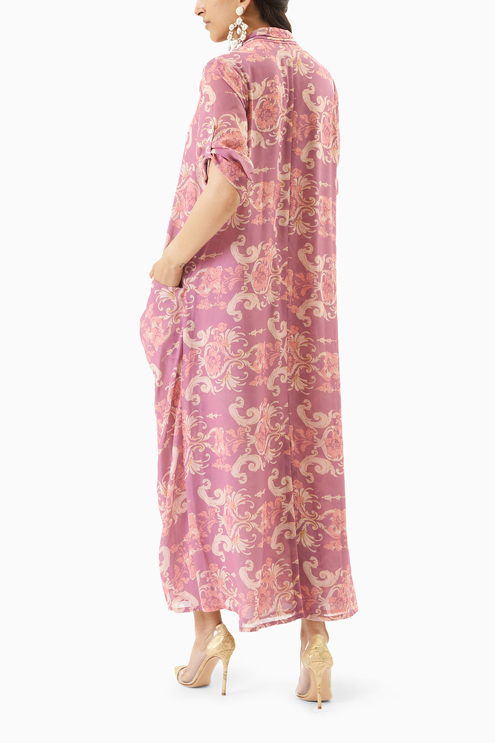 Multicoloured Printed Cowl Pleated Kaftan Dress