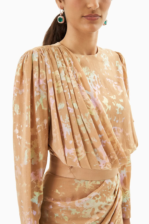 Peach Metallic Print Draped Dress