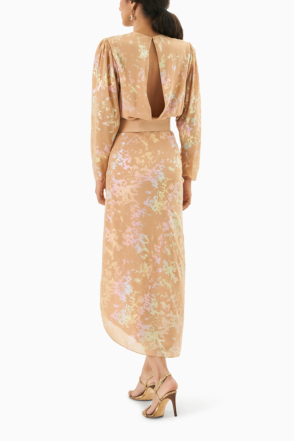 Peach Metallic Print Draped Dress