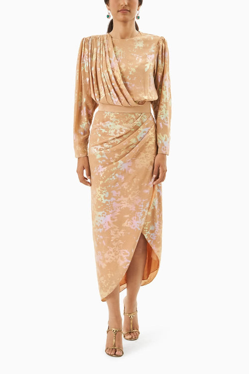 Peach Metallic Print Draped Dress