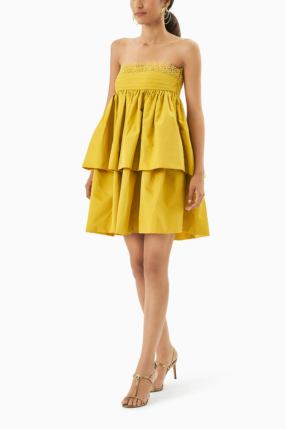 Yellow Strapless Lace Detail Dress