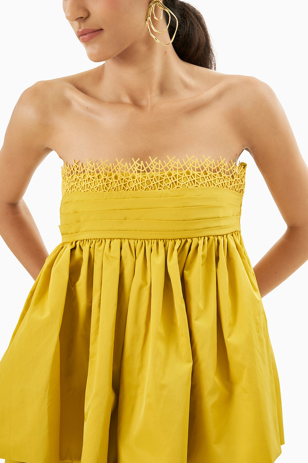 Yellow Strapless Lace Detail Dress