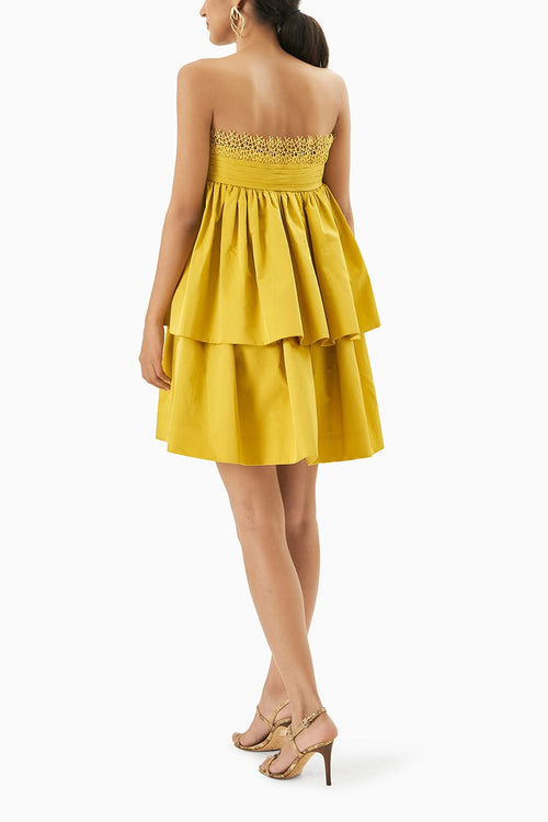 Yellow Strapless Lace Detail Dress