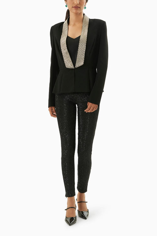 Black Satin Embellished Blazer