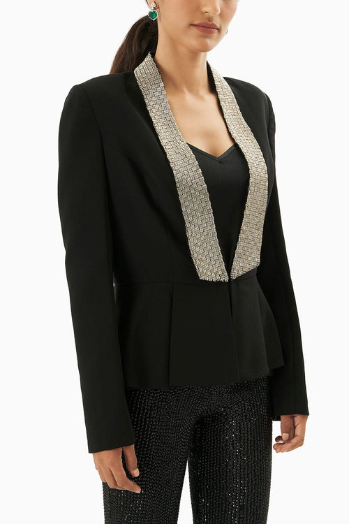 Black Satin Embellished Blazer