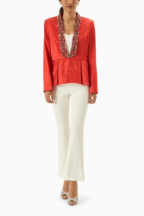 Red Satin Embellished Blazer
