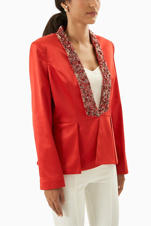 Red Satin Embellished Blazer