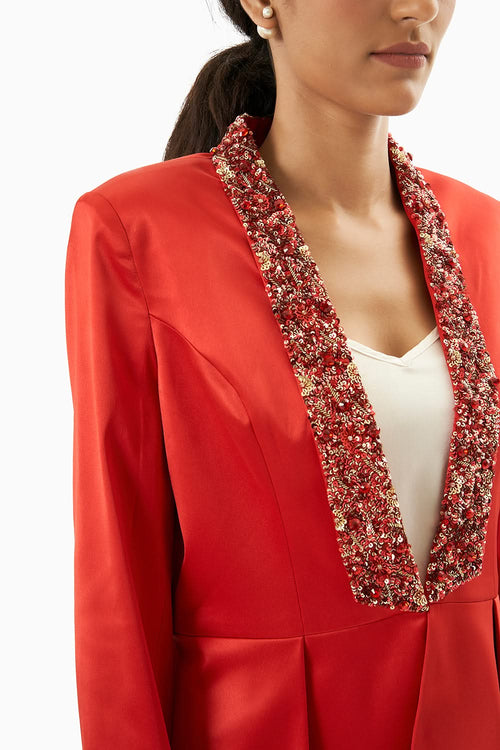Red Satin Embellished Blazer