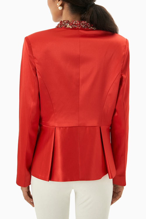 Red Satin Embellished Blazer