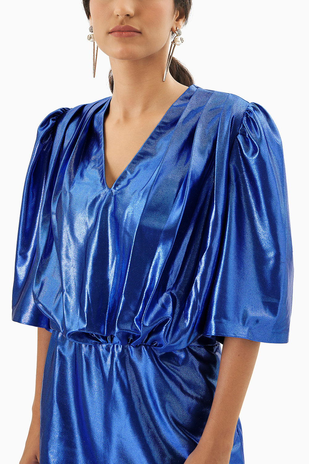 Metallic Blue Ruched Dress