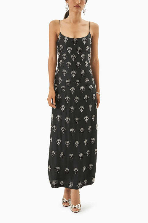 Black Strappy Embellished Dress With Slits
