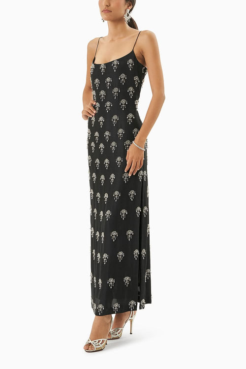 Black Strappy Embellished Dress With Slits