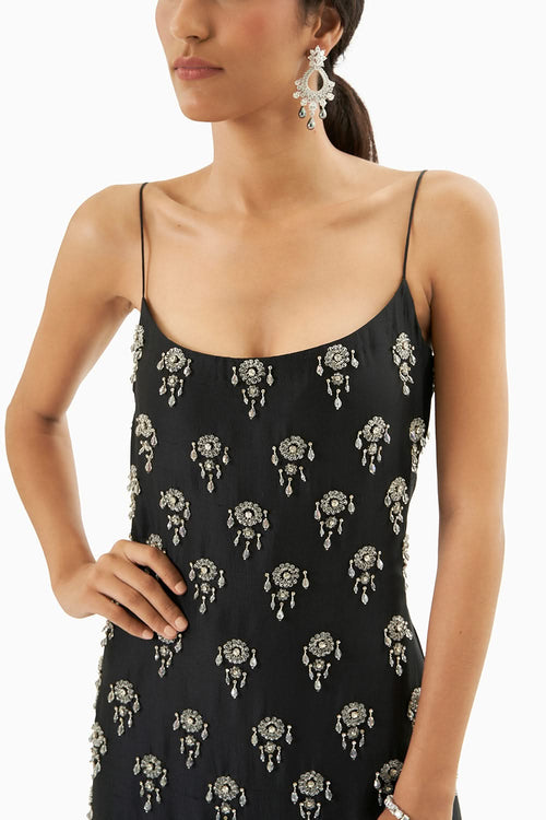 Black Strappy Embellished Dress With Slits