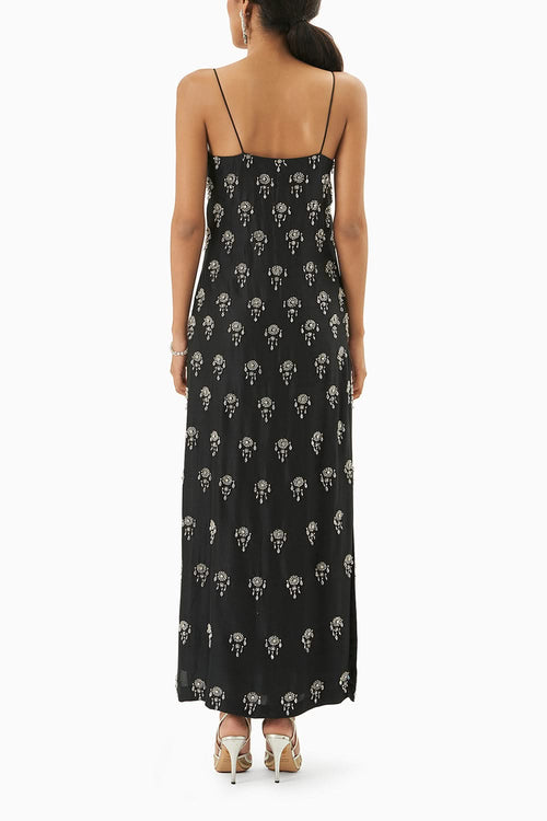 Black Strappy Embellished Dress With Slits
